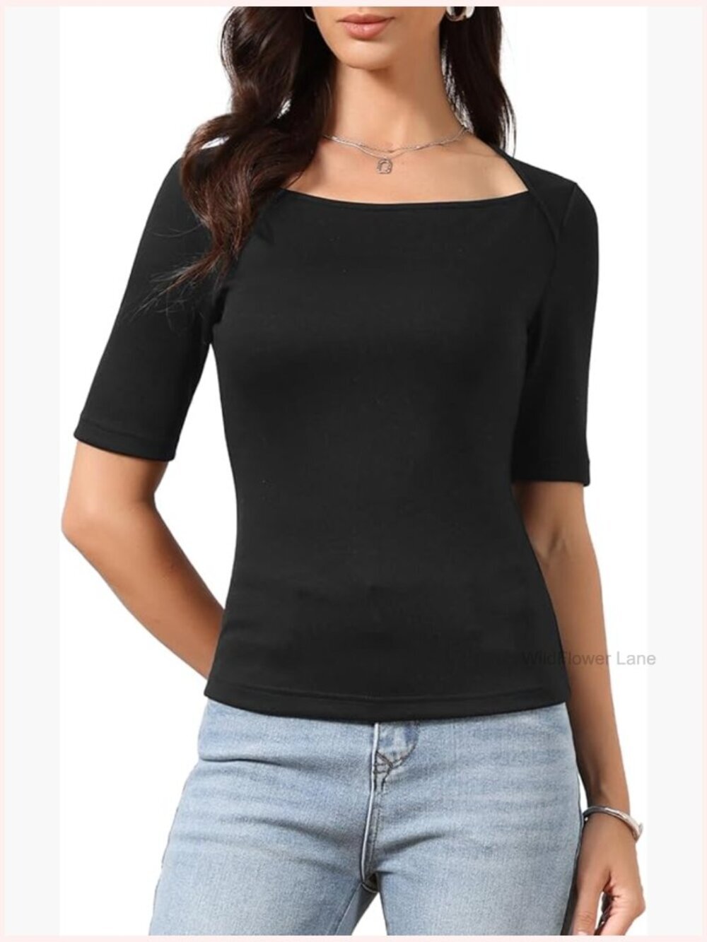 Square Neck Short Sleeve Fitted Blouse Tee Work Office Top